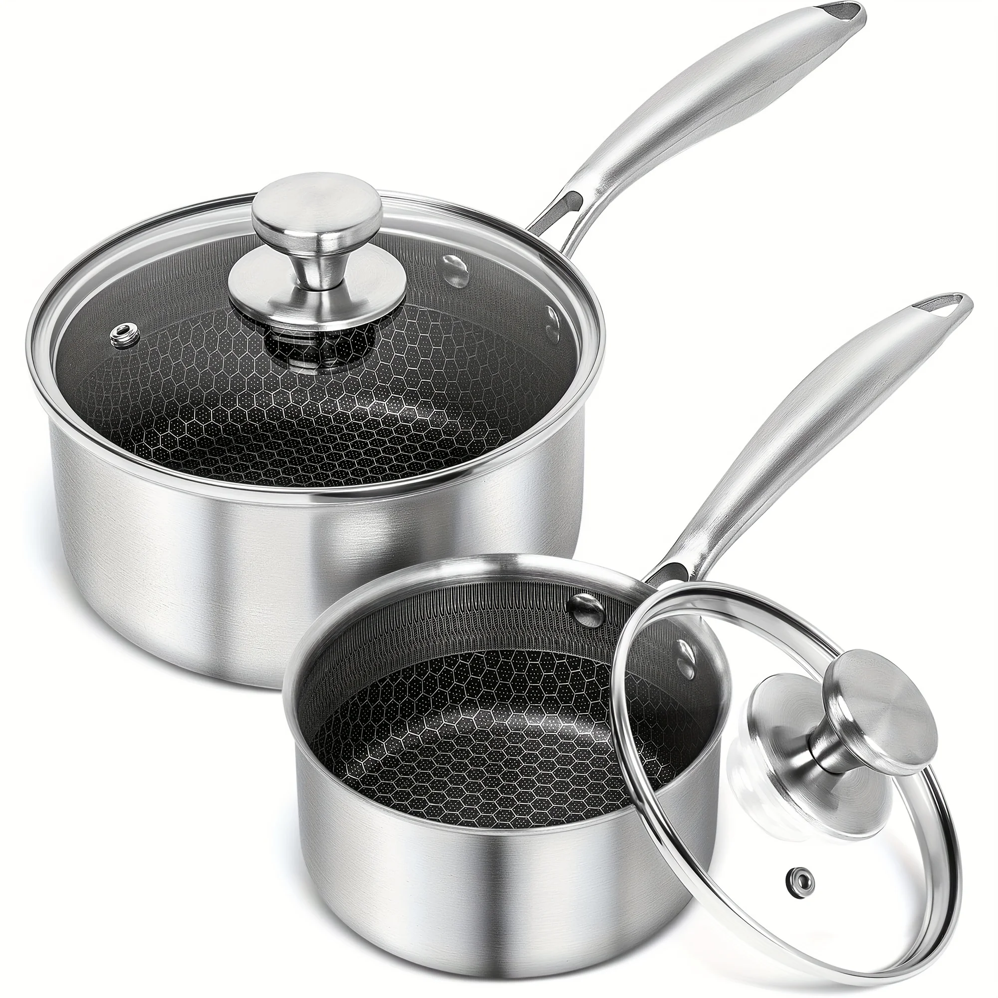

High-Quality Stainless Steel Cooking Pot Set, Featuring a Triple Layer Saucepan with Cover And a Honeycomb Lined Sauce Pot