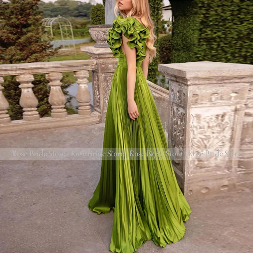 Elegant Special Occasion Dresses Green Satin Ruffles Pleat Ruched A-line One-shoulder Long Dresses Bespoke Occasion Gown