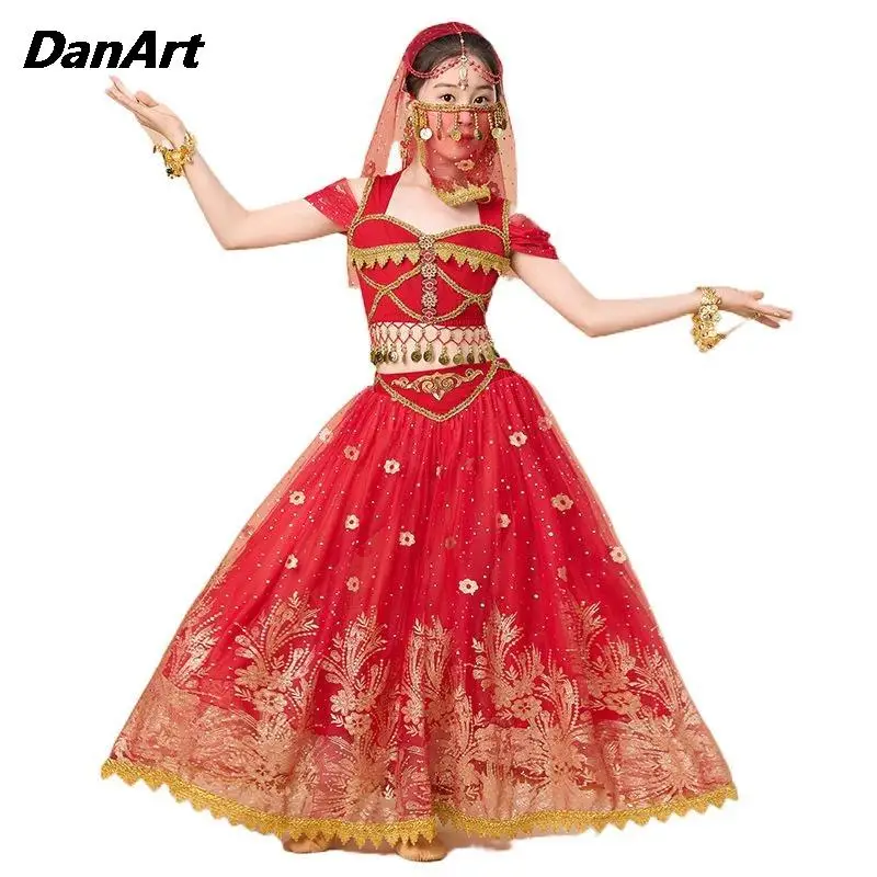 

Girl's Belly Dance Outfit Set Arabic Princess Costume Oriental Indian Dance Bollywood Clothing Kids Top+Dress Performance Wear