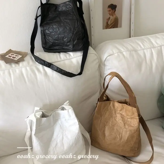 Kraft Paper Bag Women Washable Vintage Folded Corrugated Casual Zipper SOFT Shoulder Bag Handbag Luxury Bag High-Capacity