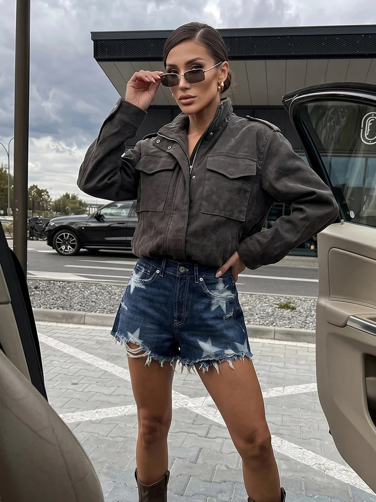 HH Vintage American Star Print Denim Shorts Women's Low Rise Distressed Frayed Hem Jean Shorts Casual Summer Streetwear Bottoms