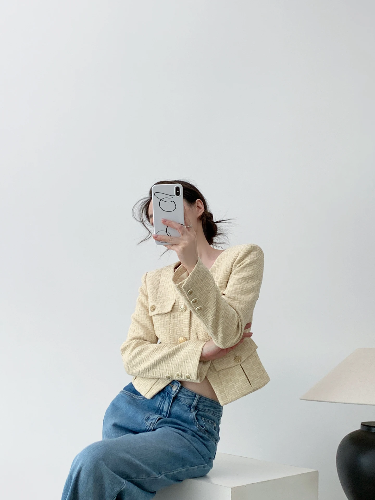 

WTT Lady Yellow V-ne Knitted ort Coat Women's Autumn Heavy Work Lady Single Button Thi Tweed Top Faion Ele Sle