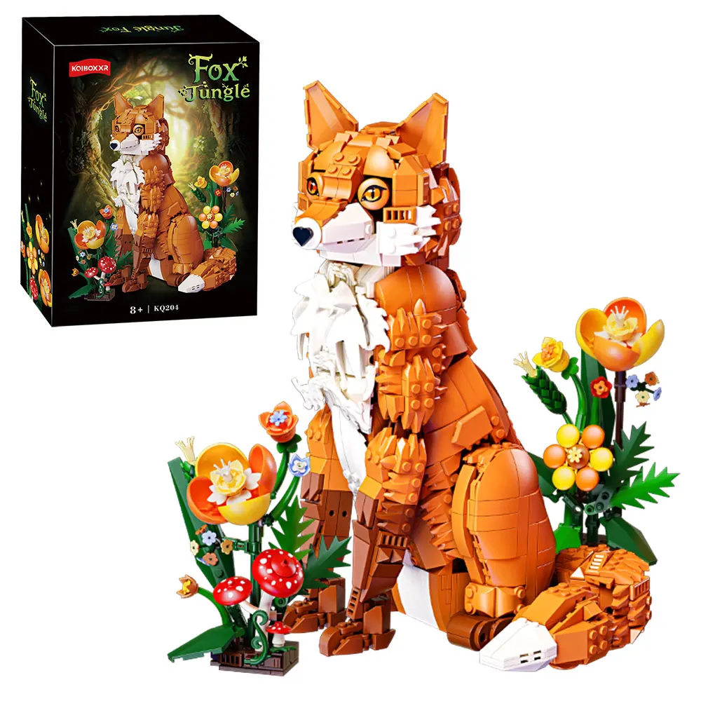 Forest Fox Building Blocks Set Large Sitting Fox Animal Brick Model with Flowers Mushroom Assemble Bricks Toy Gift For Adult