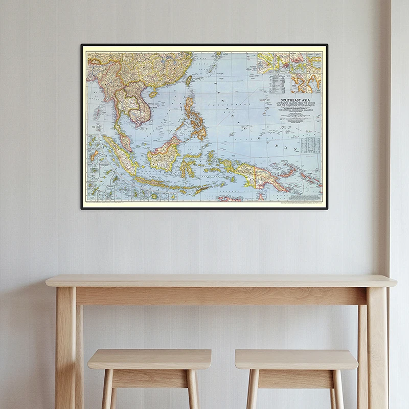 Mapa Horizontal del mundo del sudeste asiático, póster detallado del mundo, carta de pared, papel Kraft, decoración del hogar y la Oficina, 90x60cm, 1944