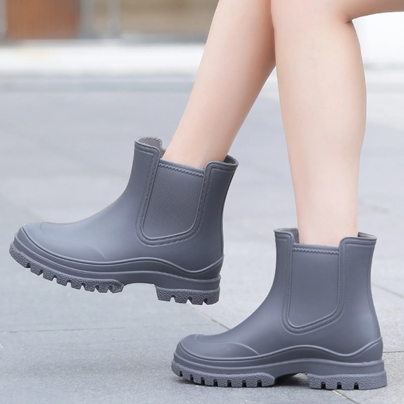 Women's Rain Boots Comfortable Elastic Adult Ankle Booties Fashion Mid Heel Boots Non Slip Chunky Platform Go Go Boots Size 11