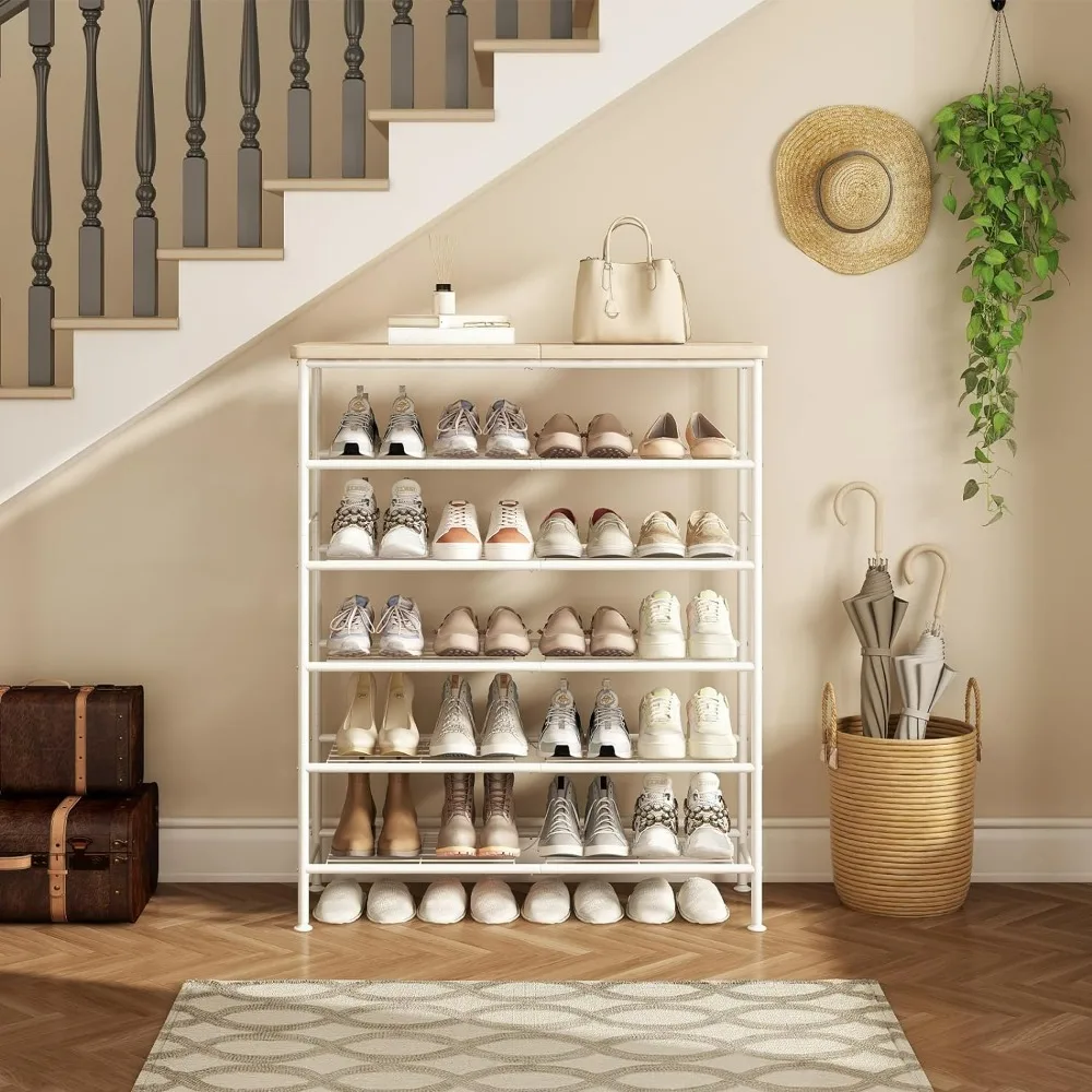 

Shoe Rack Organizer 6 Tier for Closet Entryway Free Standing Metal Storage Shoes Shelf with MDF Top Board，White+Oak