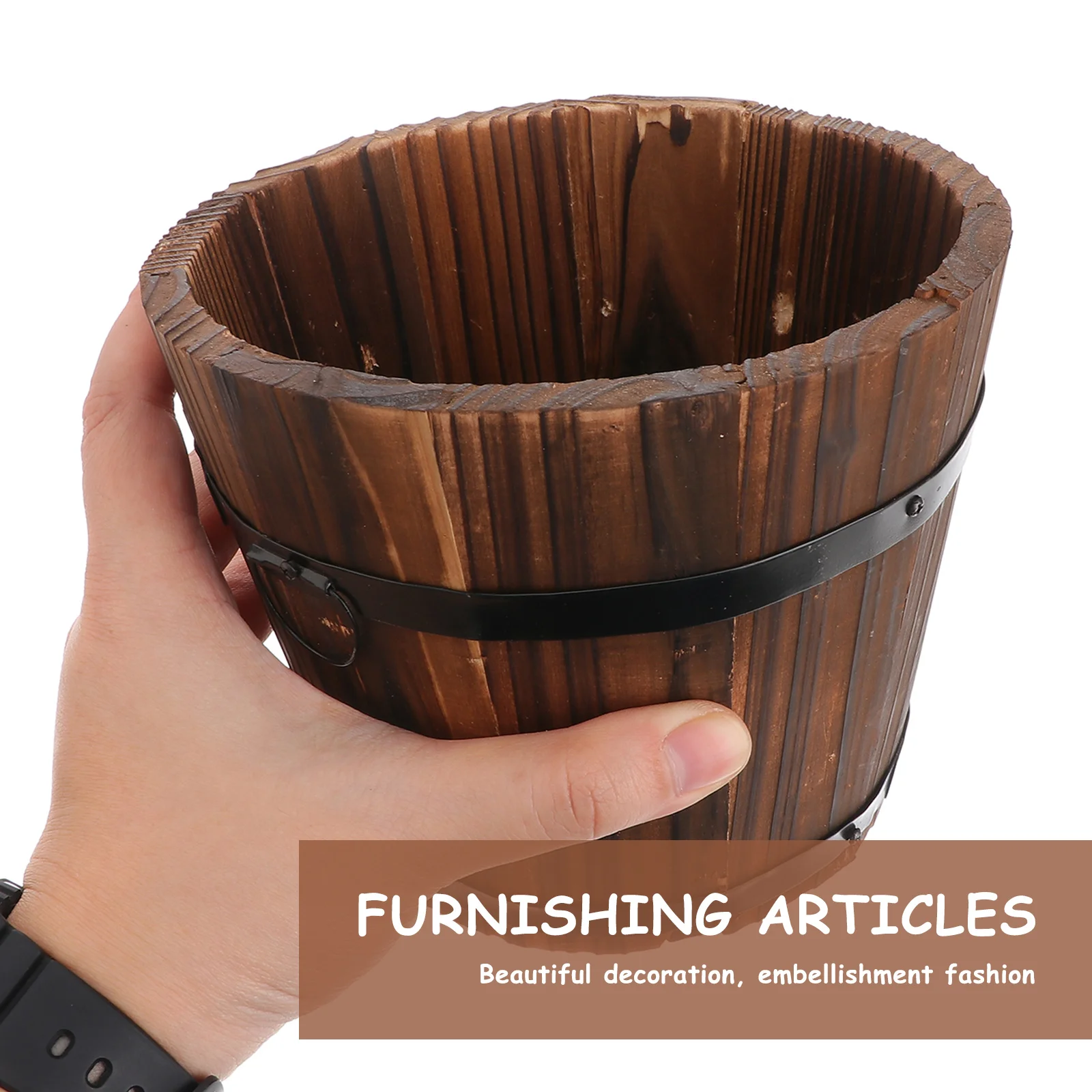 

2pcs Wooden Bucket Flower Pot Carbonized Wood Planter Vintage Eco Friendly Durable Garden Decor Planters