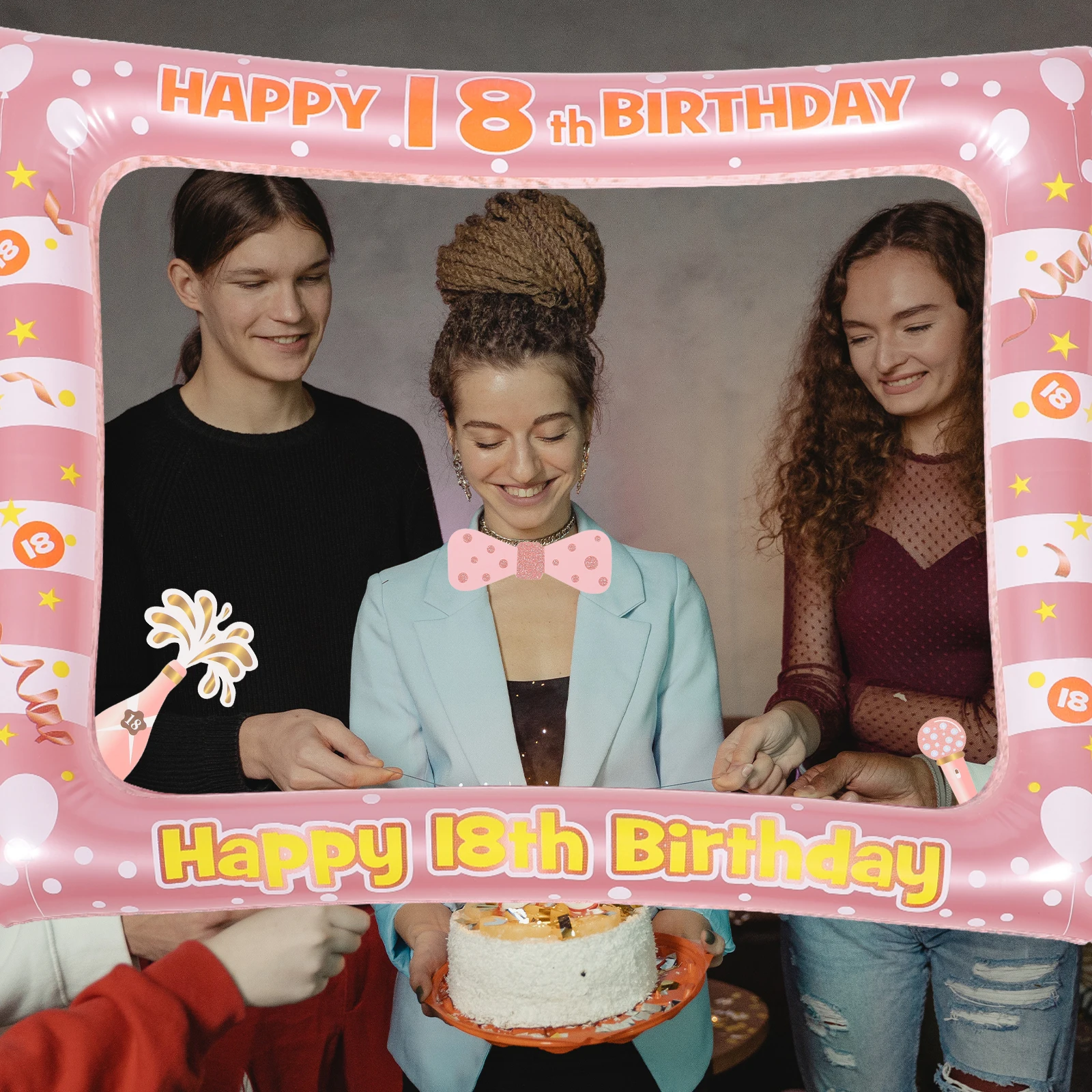 

Inflatable Photo Frame Pink Birthday H held Props for 18 Years Old Lightweight Plastic Selfie