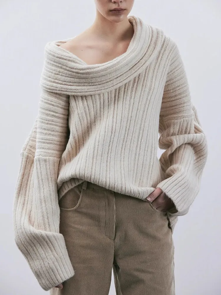 TWOTWINSTYLE Autumn Sweater For Women Diagonal Collar Long Sleeve Off Shoulder Minimalist Knitting Pullover Sweaters Female New