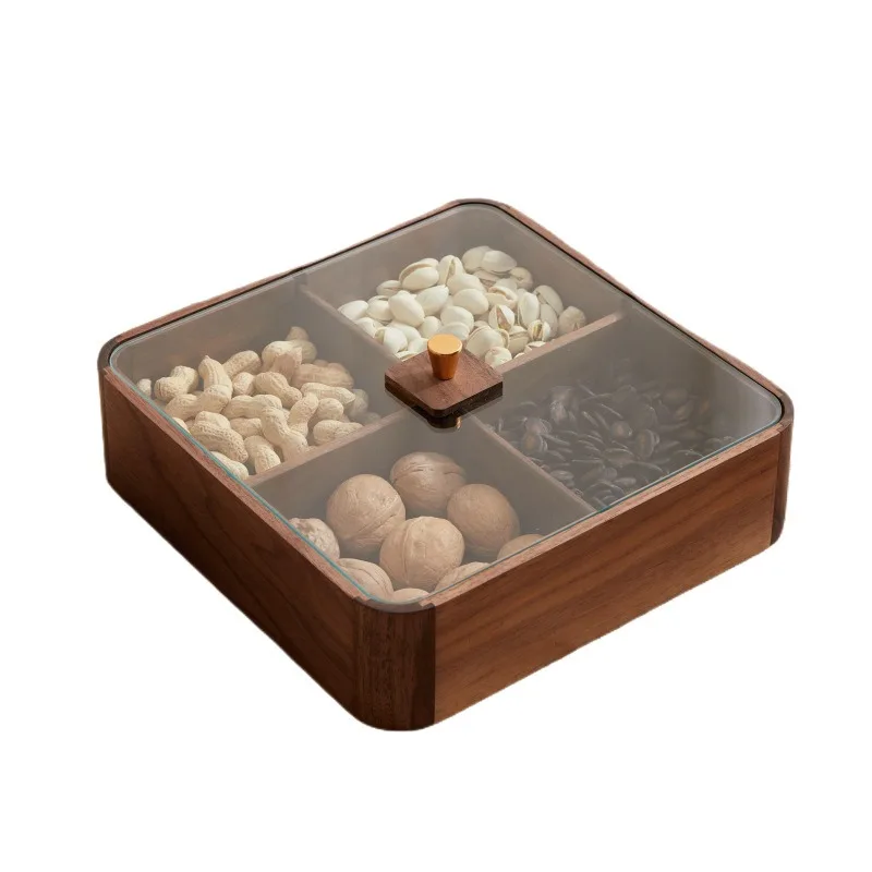 

Daily tableware, light luxury Chinese wooden snack storage box, four-compartment high transparent fruit box