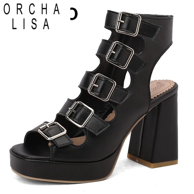 

ORCHA LISA Design Fashion Summer Female Sandals Square Toe Block Heels 10cm Platform 2.5cm Zipper Belt Buckles Plus Size 48 49 5