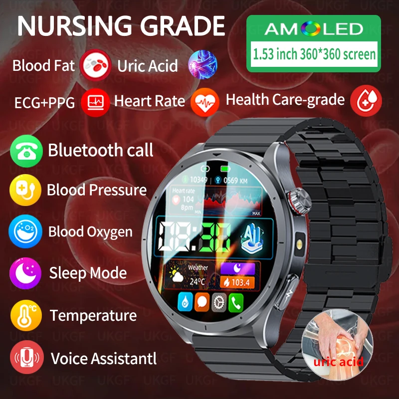 

UKGF AI Micro Physical Examination Blood Lipids Uric Acid Blood Pressure Smart Watch Men ECG+PPG Clock Bluetooth Call Smartwatch