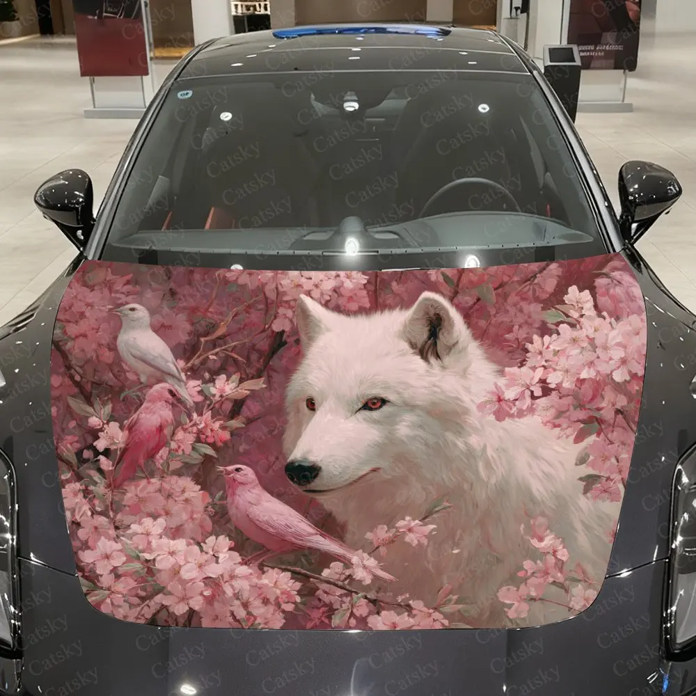 Pink Flower And White Wolf Car Hood Stickers, Eye-catching Patterns, Multi-purpose Stickers, Gifts For Friends, Christmas Decora