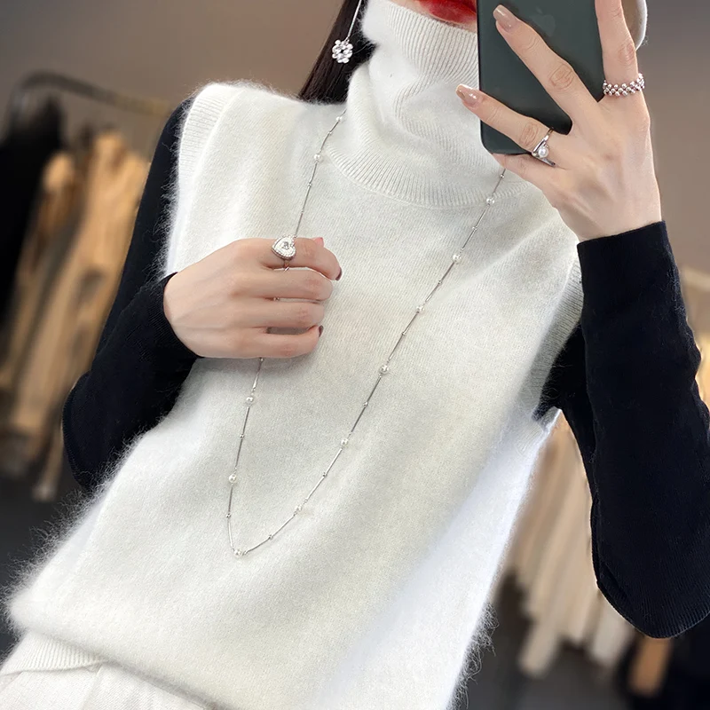 Pure Mink Cashmere Vest Women\'s Turtleneck Pullover Sleeveless Knit Sweater With Loose Tops Autumn and Winter Casual Vest Jumper