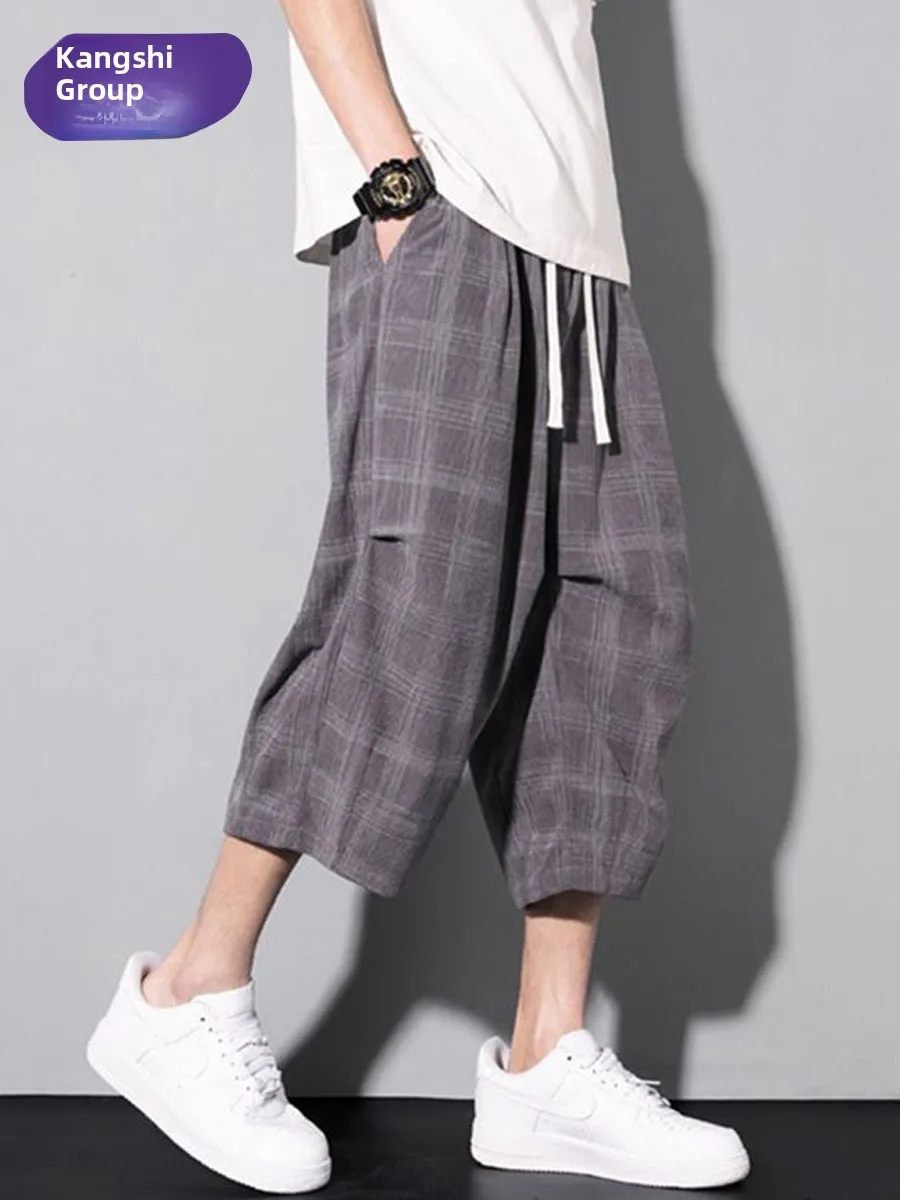 

Tang Lion up Do American Retro Plaid Loose Men's Casual Pants Summer Straight Leg mid Waist Polyester Fiber Faion Brand