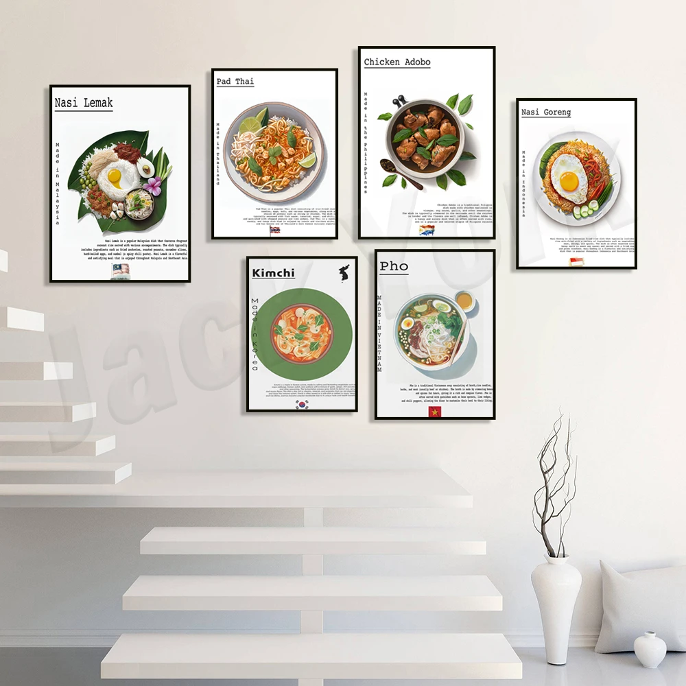 Pho national dish, Korean kimchi, Filipino chicken adobo dish, Indonesian fried rice, Pad Thai, Nasi Lemak Malaysian food poster