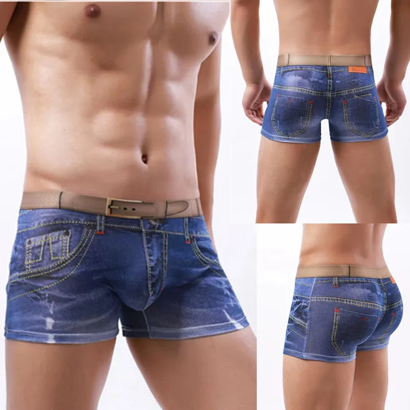 Moda masculina denim roupa interior impressão 3d sexy boxers jeans estilo shorts boxers dos homens cowboy u convexo bolsa de algodão cuecas