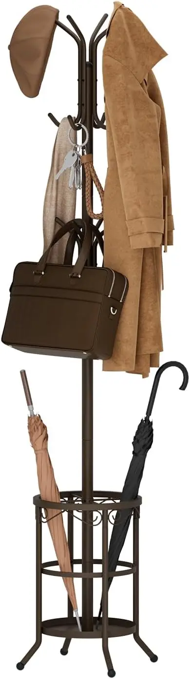 

Coat Rack Freestanding With Umbrella Holder – Metal Hall Tree with 12 Hooks, Entryway Organizer for Hats, Bags, and Clo