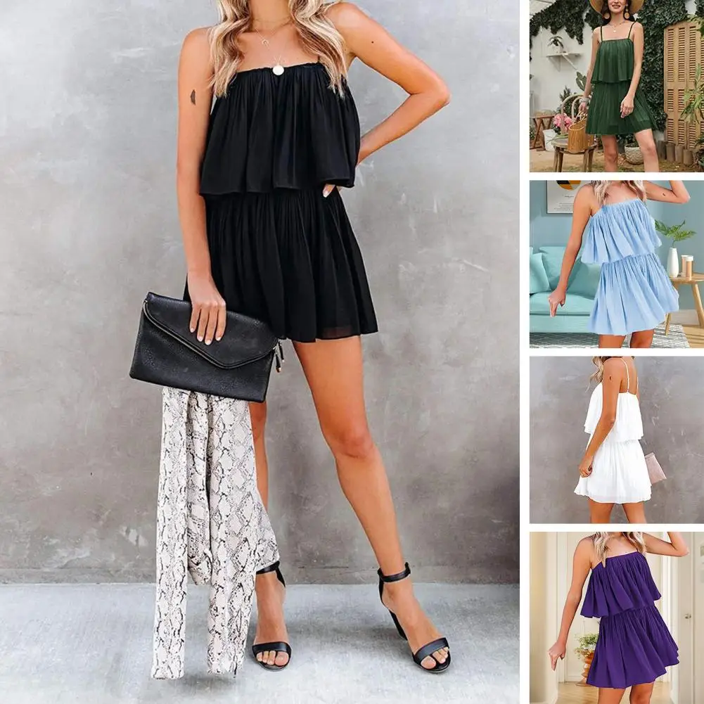 Women Romper Solid Color Suspender Jumpsuit Layered Ruffle Hem High Waist Camisole Jumpsuit Sling Wide Leg Shorts Playsuit