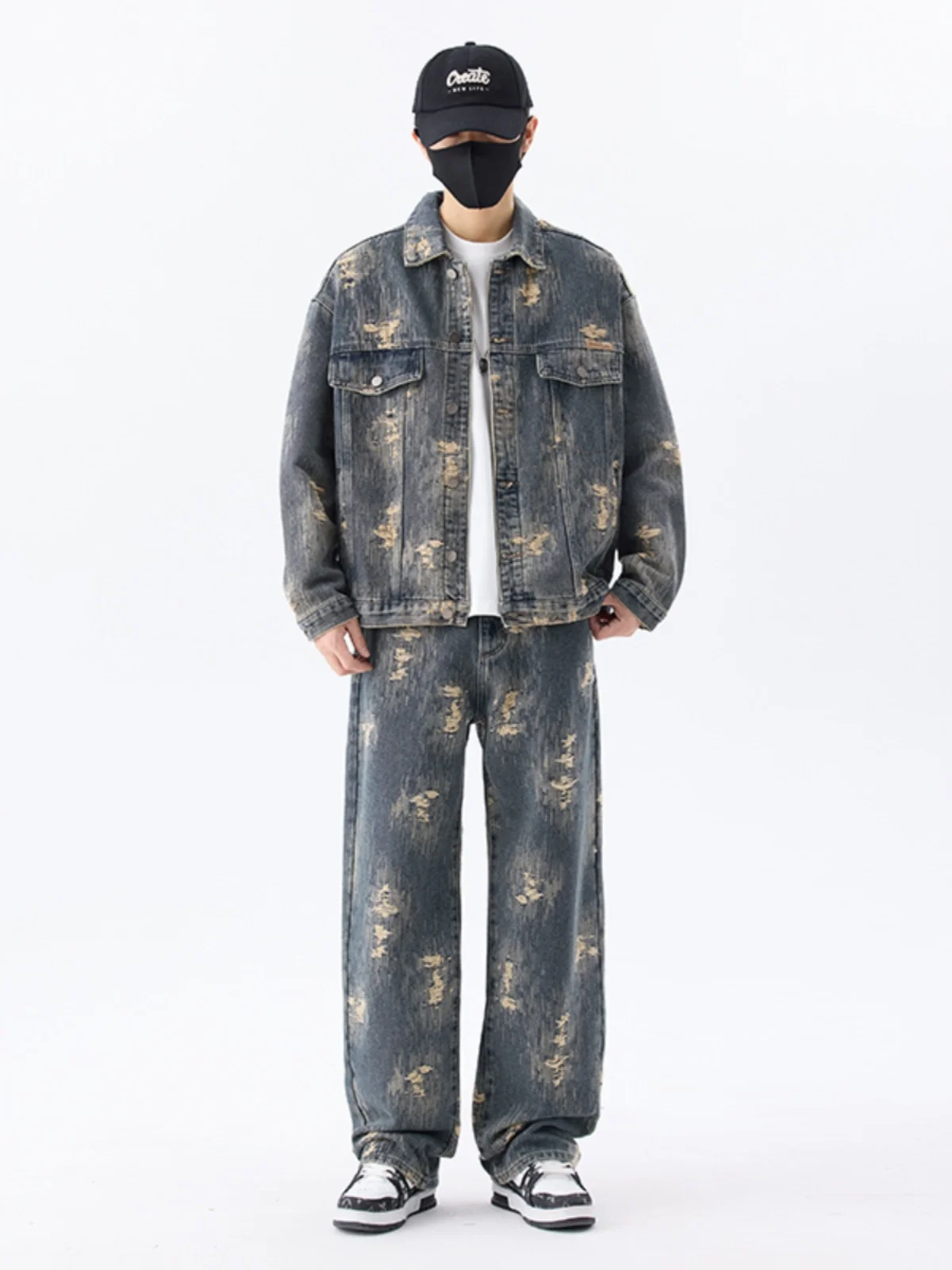 

Retro High-End Men's Denim Jacket Set Autumn Winter Fashion Casual Loose Long Pants Embroidery Cool Style American Brand