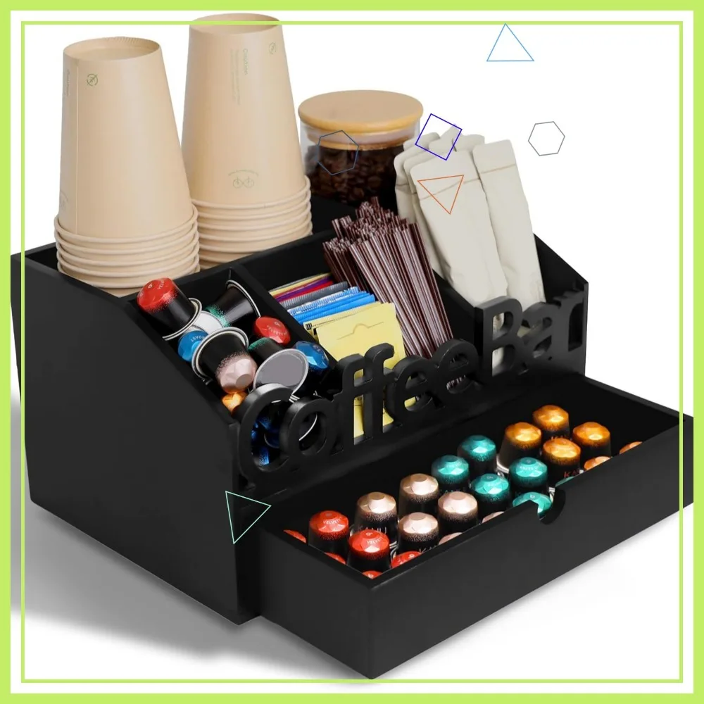 

Wooden Coffee Bar Organizer with Drawer for K-Cups and Tea - Black Countertop Storage