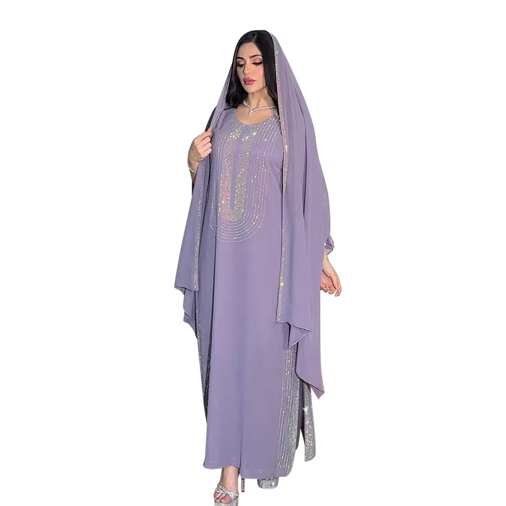 Purple Orange Muslim 2023 Summer Autumn Elegant Long Sleeve V-neck Polyester Long Dress Maxi Dress Muslim Fashion Dresses