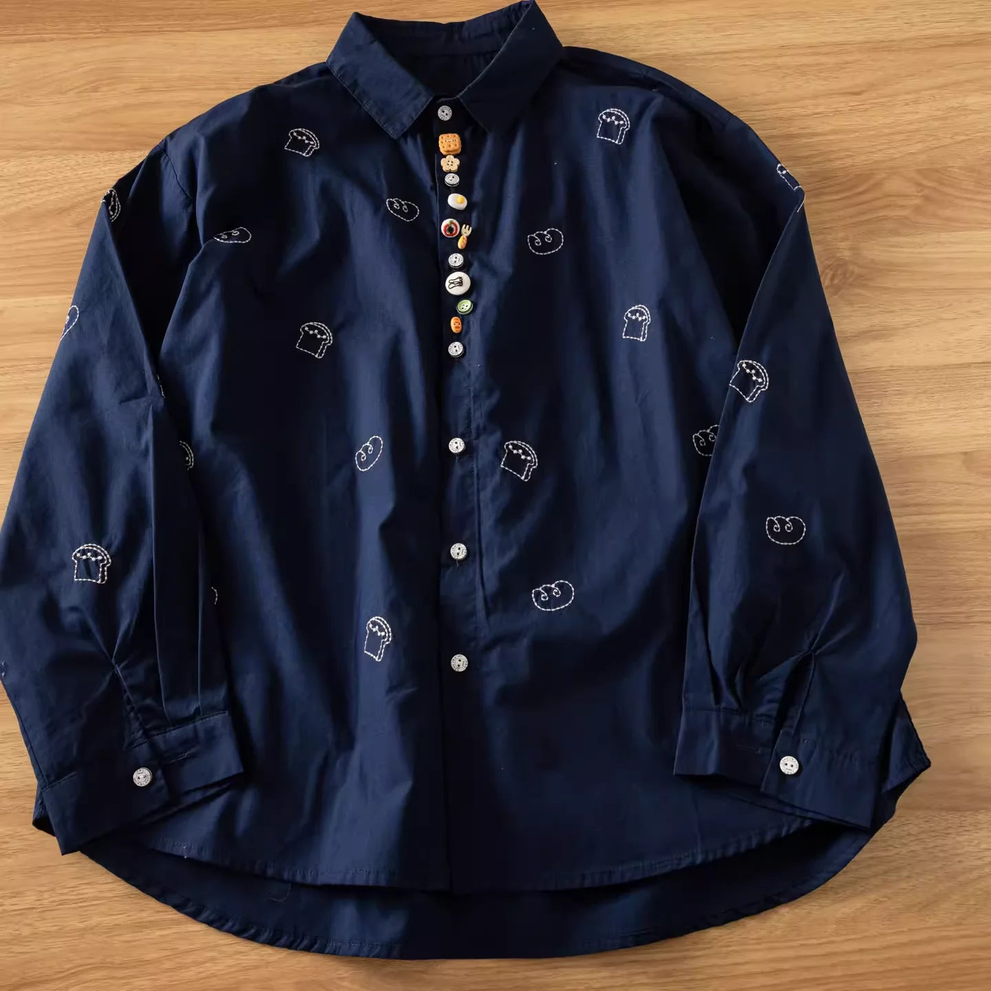 Harajuku fashion white navy blue cartoon biscuits buttons embroider shirts long sleeve blouses for women autumn cute clothes