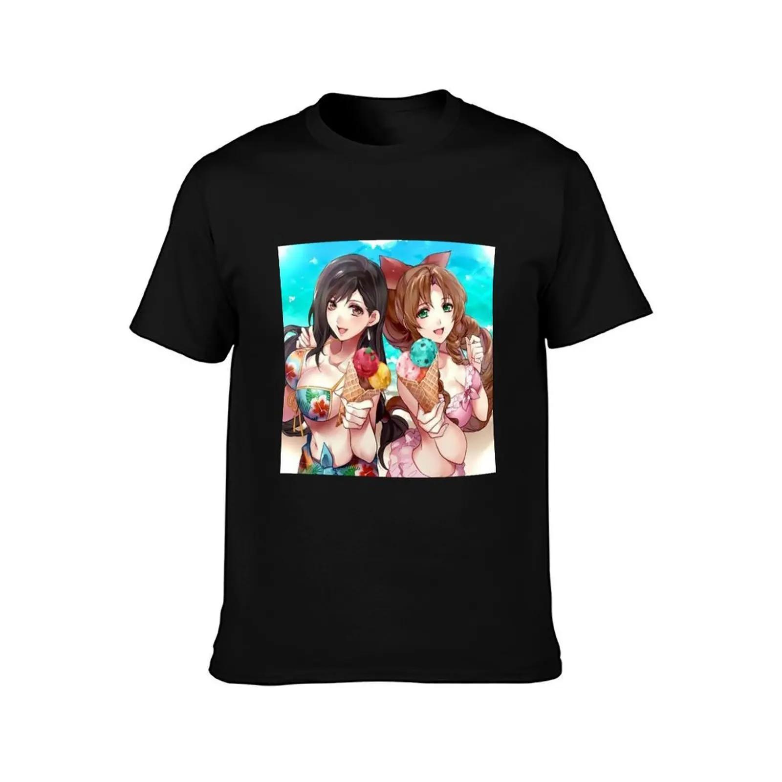 Aerith Tifa Bikini Ice Cream T-Shirt, Summer Casual Cotton Tee, Oversized Streetwear Tops, Vintage Graphic Print, 100% Cotton