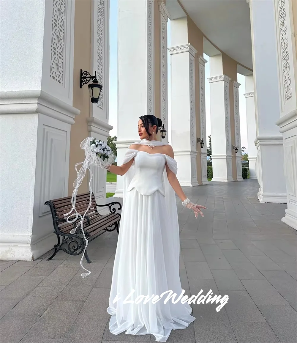 ホワイトプリーツ Aライン ショール付き プロムドレス シンプル オフショルダー ベスティドス デ ノーチェ フロアレングス フォーマル イブニング プリーツ カスタマイズ