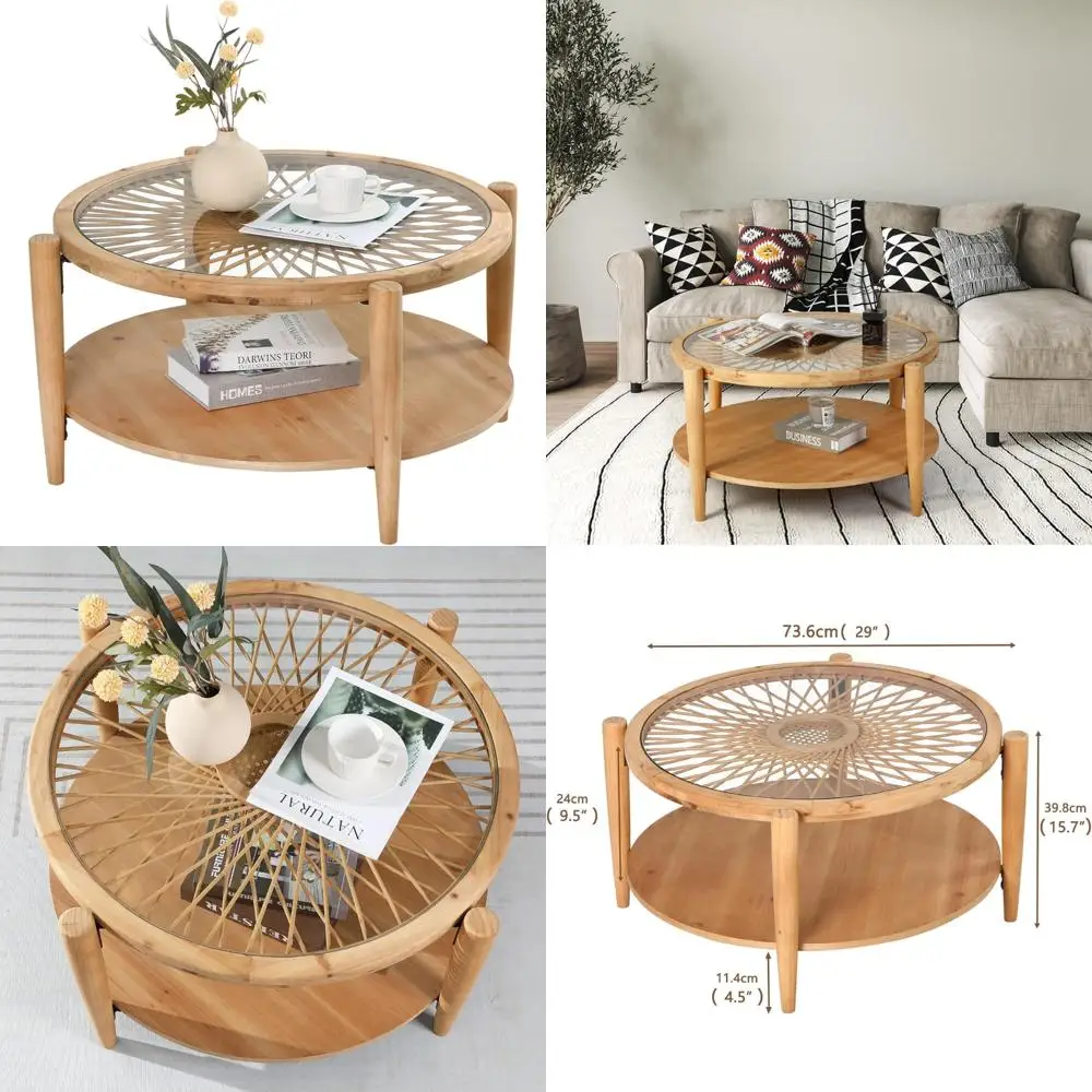 Mid Century Modern Two-Tier Rattan Cocktail Table with Tempered Glass Top, Bohemian Style Living Room Furniture