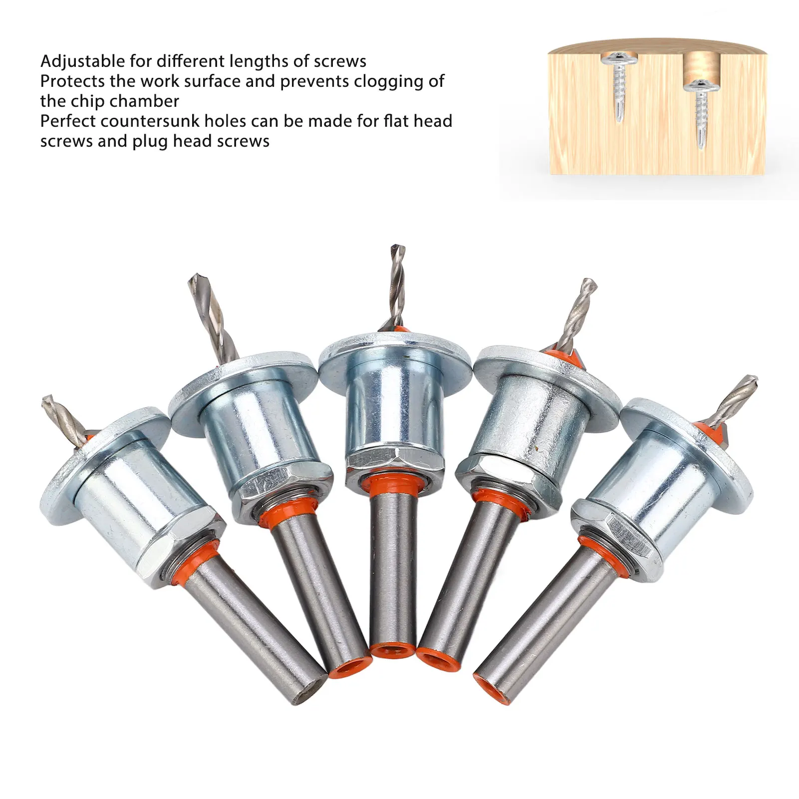 5Pcs Adjustable Depth Countersunk Bit Alloy Steel Silver Limit Taper Hole Drill for Woodworking Countersunk Bit Stopper