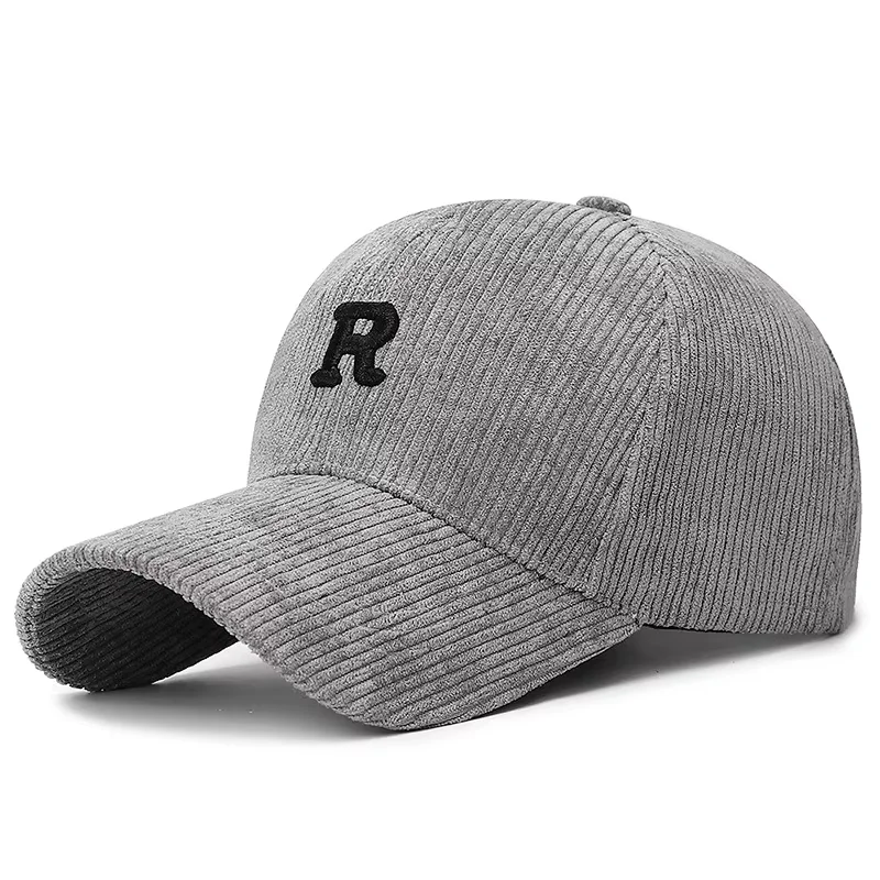 Boné de Beisebol em Corduroy com Letra 'R' Bordada em 3D, Cor Sólida, Ajustável, Acessório Estiloso para Outono e Inverno