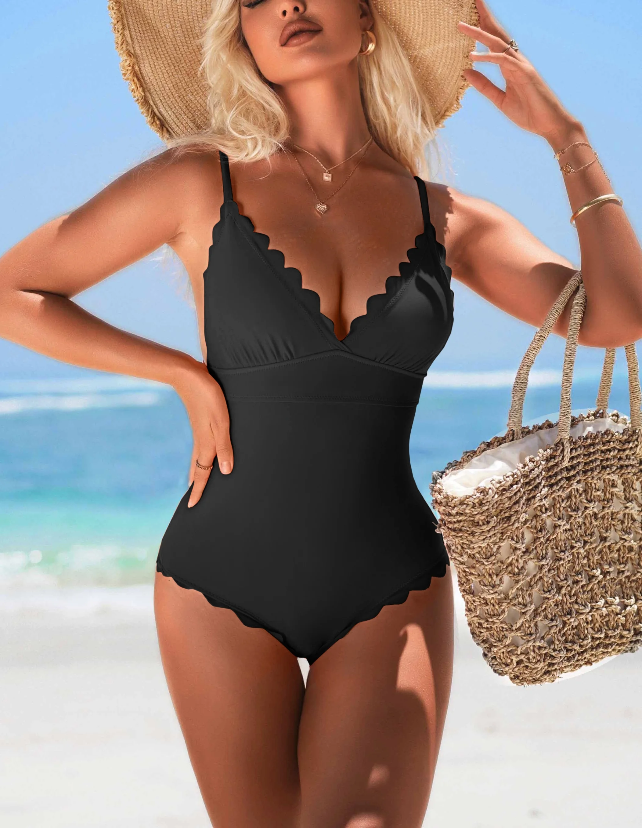 Anfilia Women Fashion One-Piece Swimsuit Solid Scalloped Trim High Elastic with Removable Padded Bathing Suit Sexy Swimwear