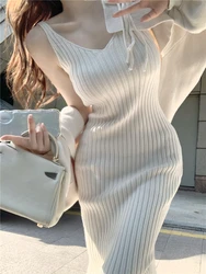 Knitted 2 Piece Dress Set Women Slim Bodycon Strap Midi Dress + Casual Long Sleeve Short Cardigan Tops Elegant Party Korean Suit