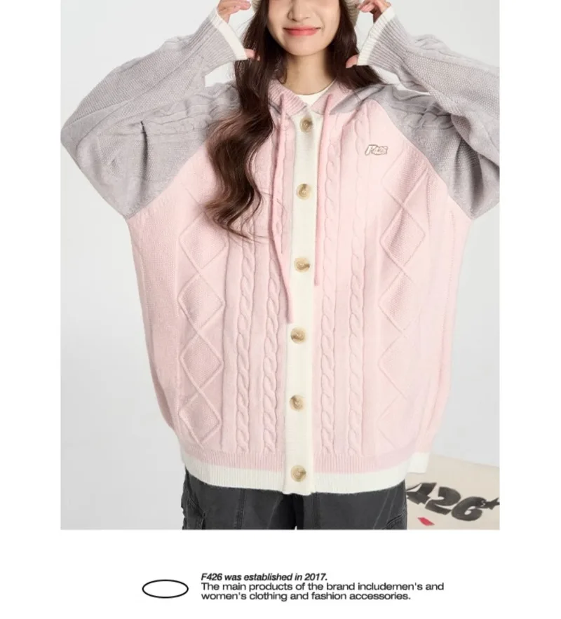 MiiiiX Casual PatchworkถักHoodieเสื้อกันหนาวผู้หญิง2024ฤดูใบไม้ร่วงTwist Texture Raglan SleeveหลวมHoodedเสื้อสเวตเตอร์ถักเสื้อ