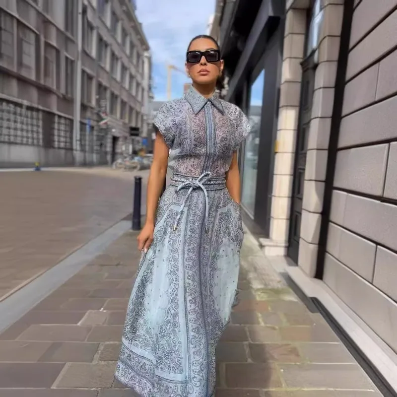 

Europe 2025 Autumn Winter Fashion Show Print Two Piece Set High End Shirt Top Tie Waist Long Skirt