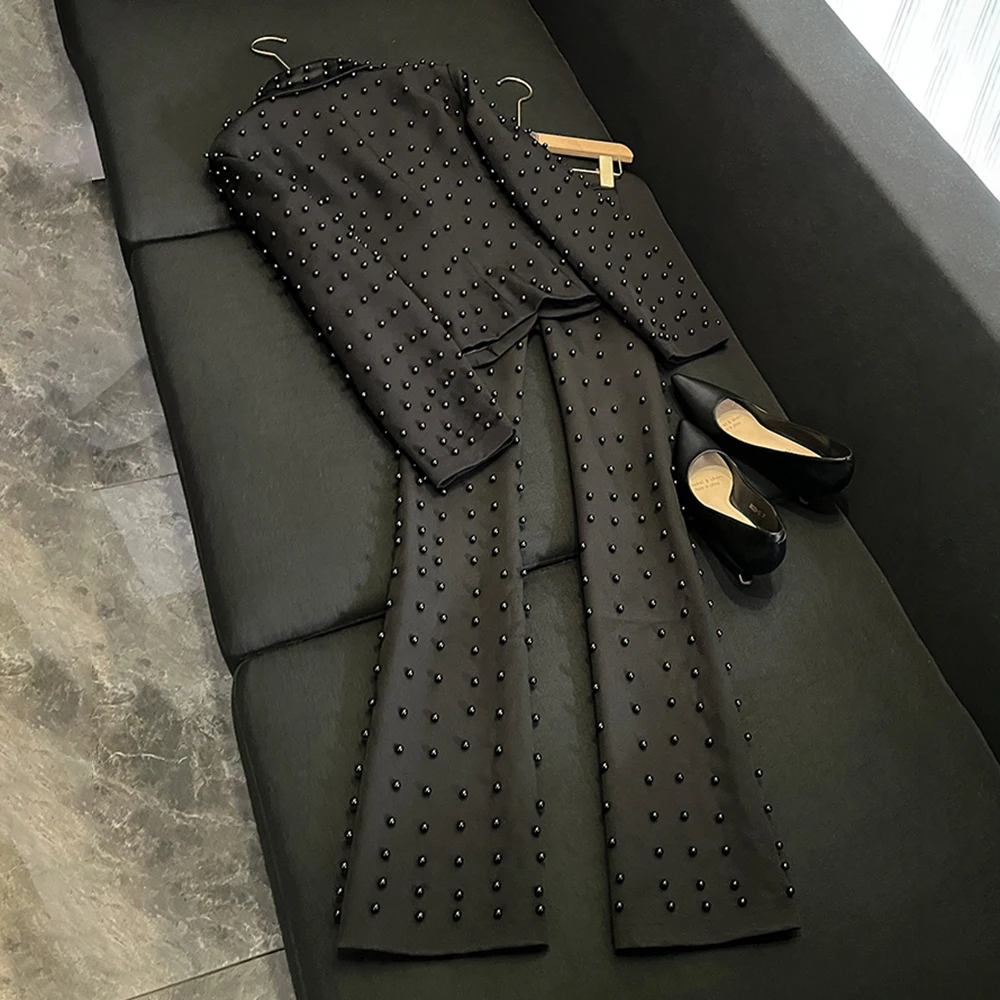 Spliced Pearl Solid Two Piece Sets For Women‘s Lapel Long Sleeve Top High Waist Pants Elegant Set Female conjuntos de pantalone