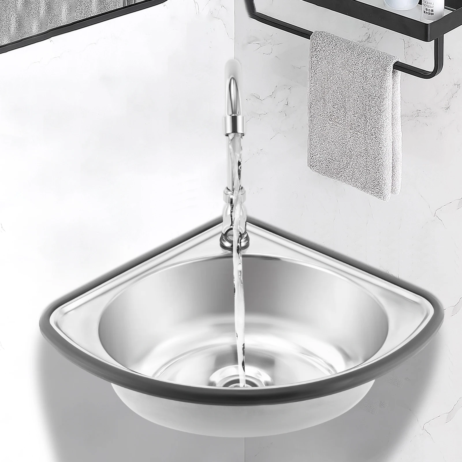 

Triangular Hand Wash Corner Basin Sink with Faucet, Wall Bracket and 2 Nail-free Adhesive for Washing Hands, Food, Fruits