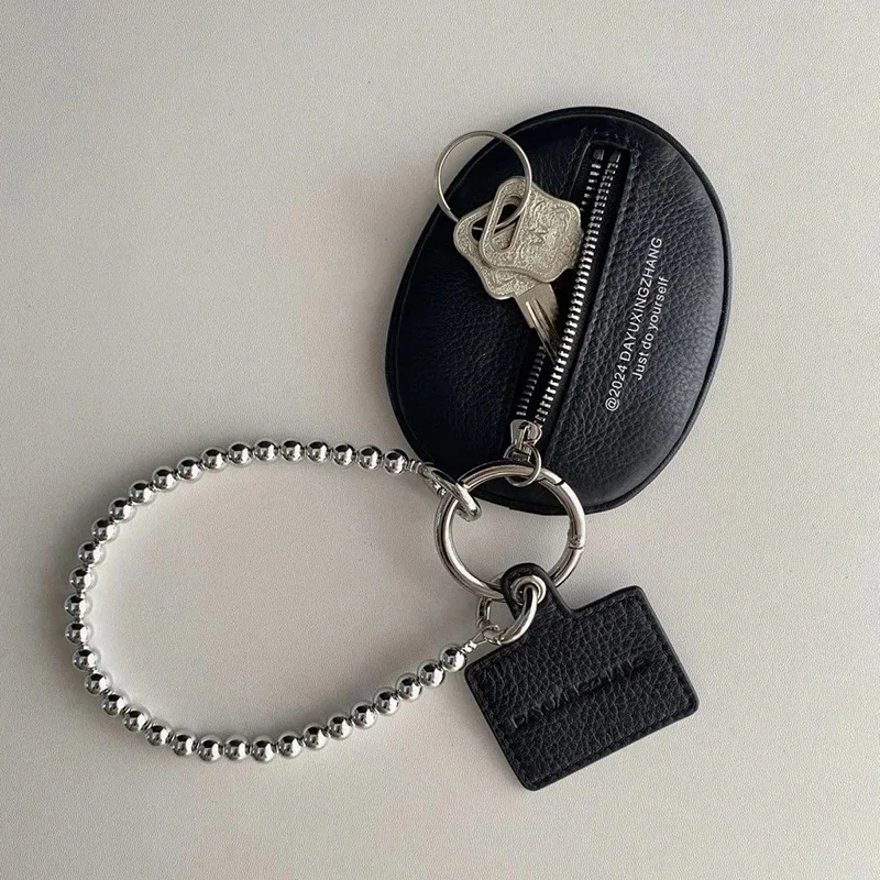 Black PU Leather Key Wallet Small Zipper Coin Purse Keychain Charm Card Holder Compact Storage Pouch Fashion Bag Accessory Gifts