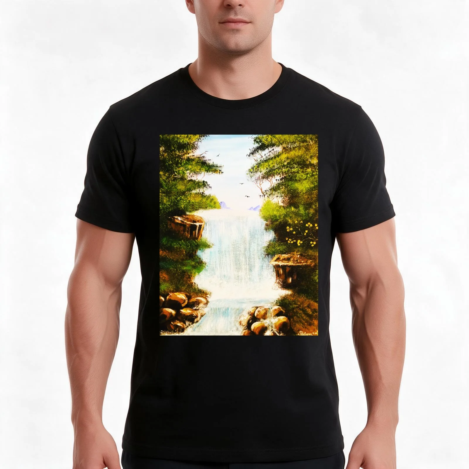 Serene Waterfall T-Shirt, Summer Casual Cotton Tee, Oversized Streetwear Tops, Vintage Graphic Print, Loose Fit Short Sleeve