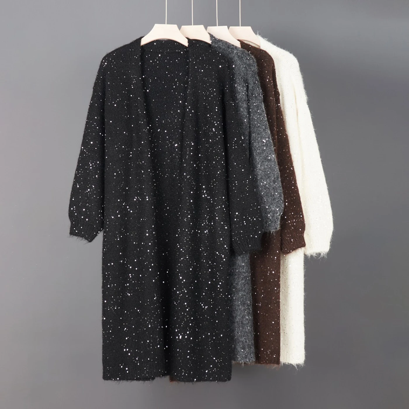 Autumn Winter New Style Heavy Work Sequin Process Long Sweater Coat Cardigan Soft Plush Hand Feel Alpaca Wool Women's Knitted...