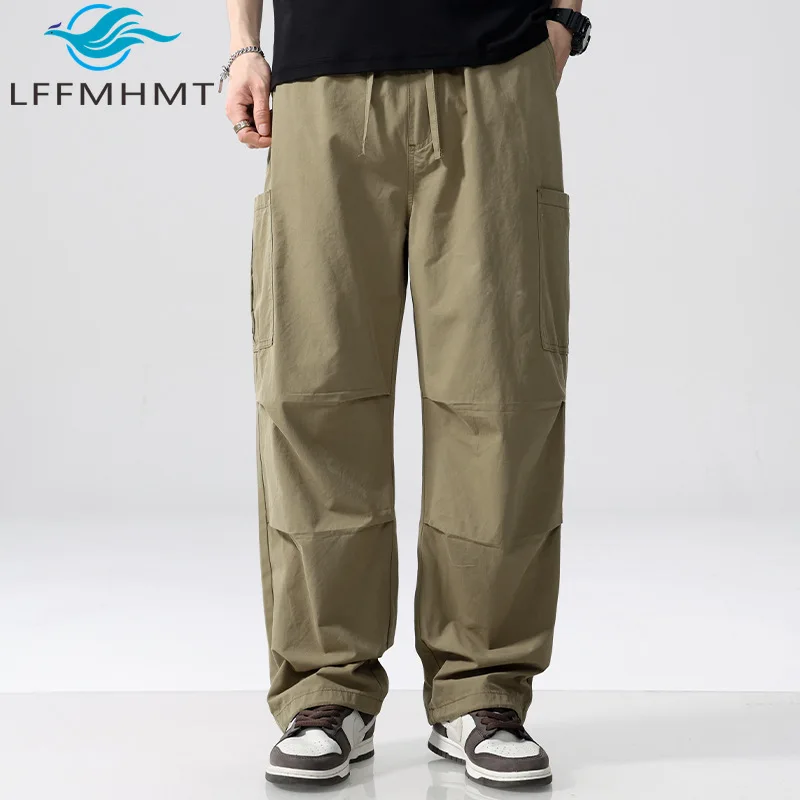7631 Spring Summer Fashion Men's Multi-pocket Loose Casual Pants Drawstring Solid Color Simple Basic Outdoor Wide Leg Trouser