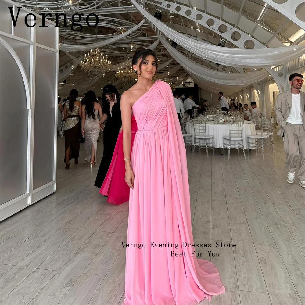 

Verngo Pink Chiffon Prom Gown A Line Floor Length Party Dress For Women Pleat Simple Formal Occasion Dress