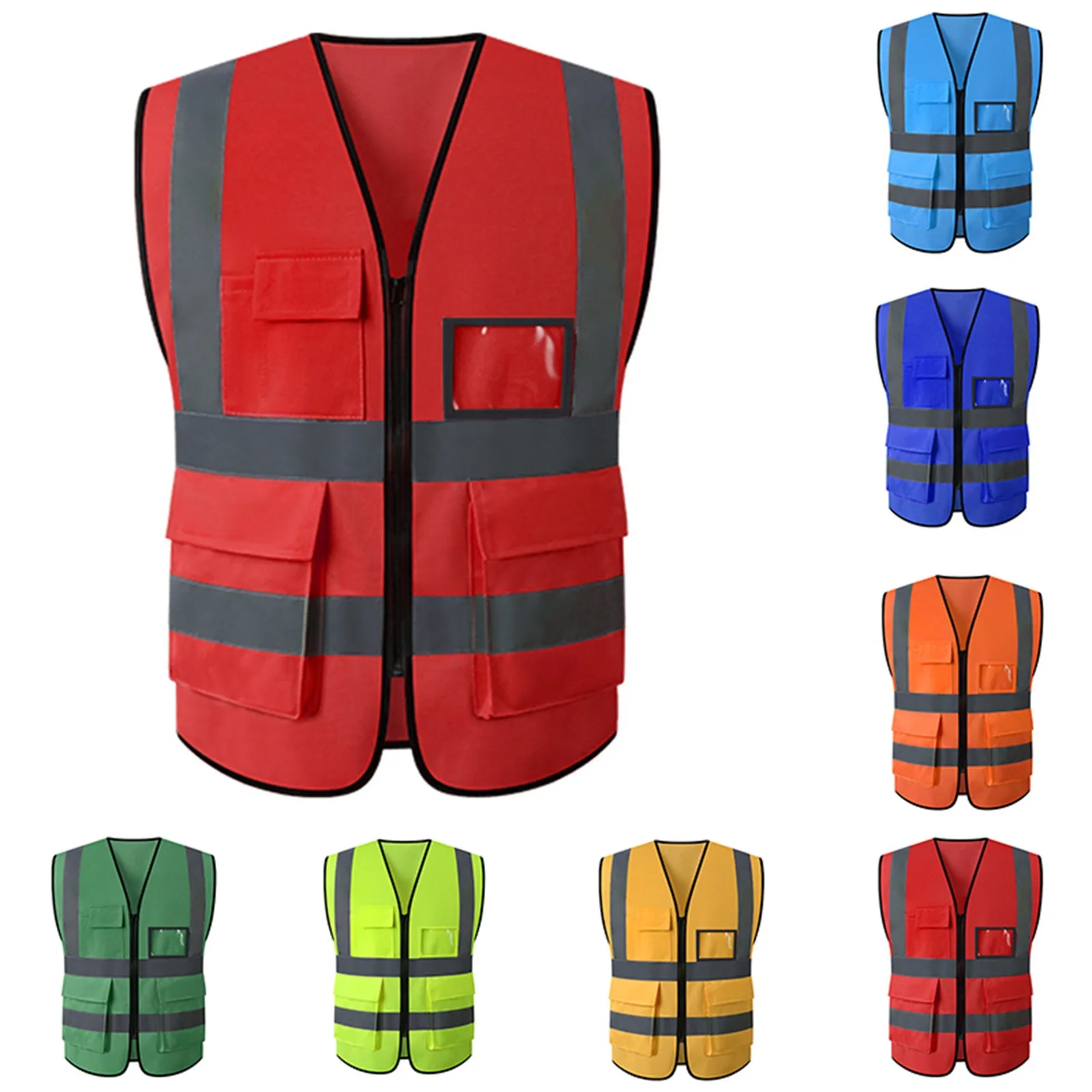 Grid Summer Reflective Safety Vest High Visibility Night Work Security Sleeveless Construction Workwear Zipper Pockets Adults