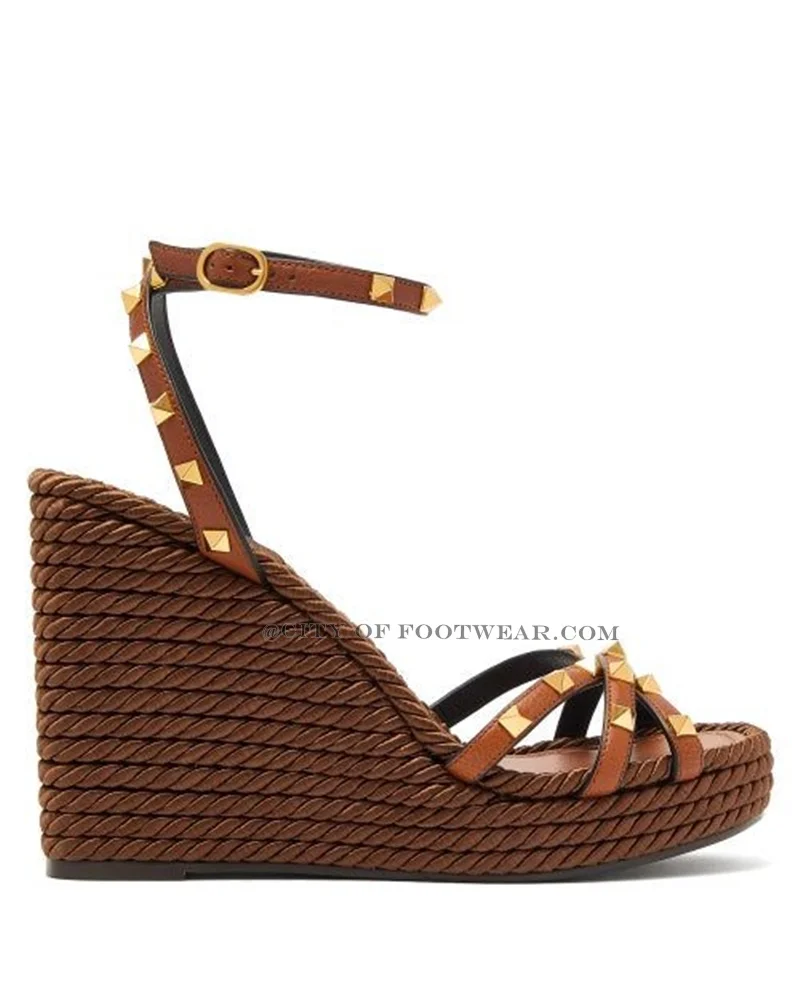 Rockstud Wedges Platform Sandals Brown\Black Rope Ankle Strap High Heels Summer Party Designer Elegant Shoes for Women