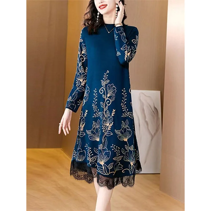 Abito maglione autunno inverno da donna Camicia che tocca il fondo Abito lavorato a maglia jacquard con blocchi di colore di fascia alta Pullover maglione di media lunghezza