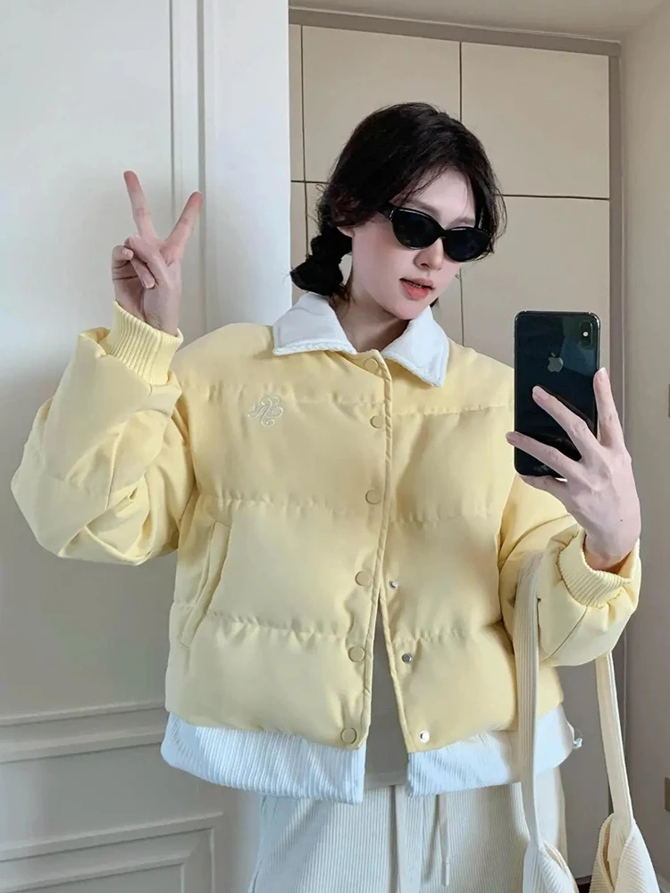 

Зимние милые желтые парки женские лоскутные с длинным рукавом теплое шикарное пышное пальто корейский консервативный стиль свободная модная мягкая хлопковая куртка