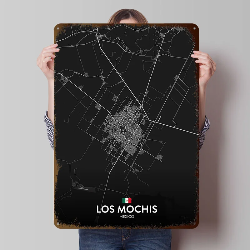 Pósteres de hojalata de Los Mochis MX, arte de pared personalizable, carteles de Metal Retro Vintage para decoración del hogar, habitación, oficina, varita de juego Deko