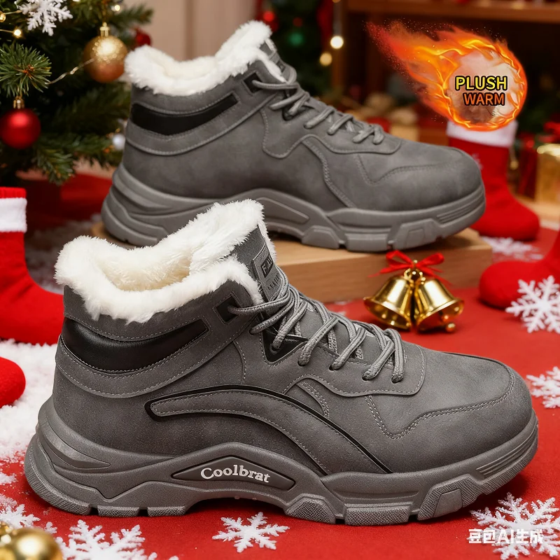 Venda de Natal: Botas de neve masculinas, sapatos quentes promocionais de inverno forrados de lã e engrossados para acampamento ao ar livre, pesca e caça