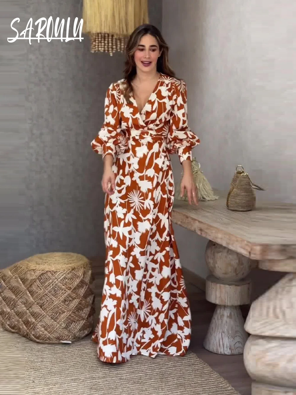 

Floral Printing Romantic Evening Dress, Fashion A line Women Spring Summer Casual Wear, Classic Long Sleeves Prom Gown